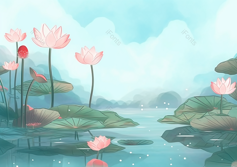 蓝色国风意境插画夏季山水荷花图,插画/手绘图,插画/手绘图库,插画/手绘图下载,插画/手绘